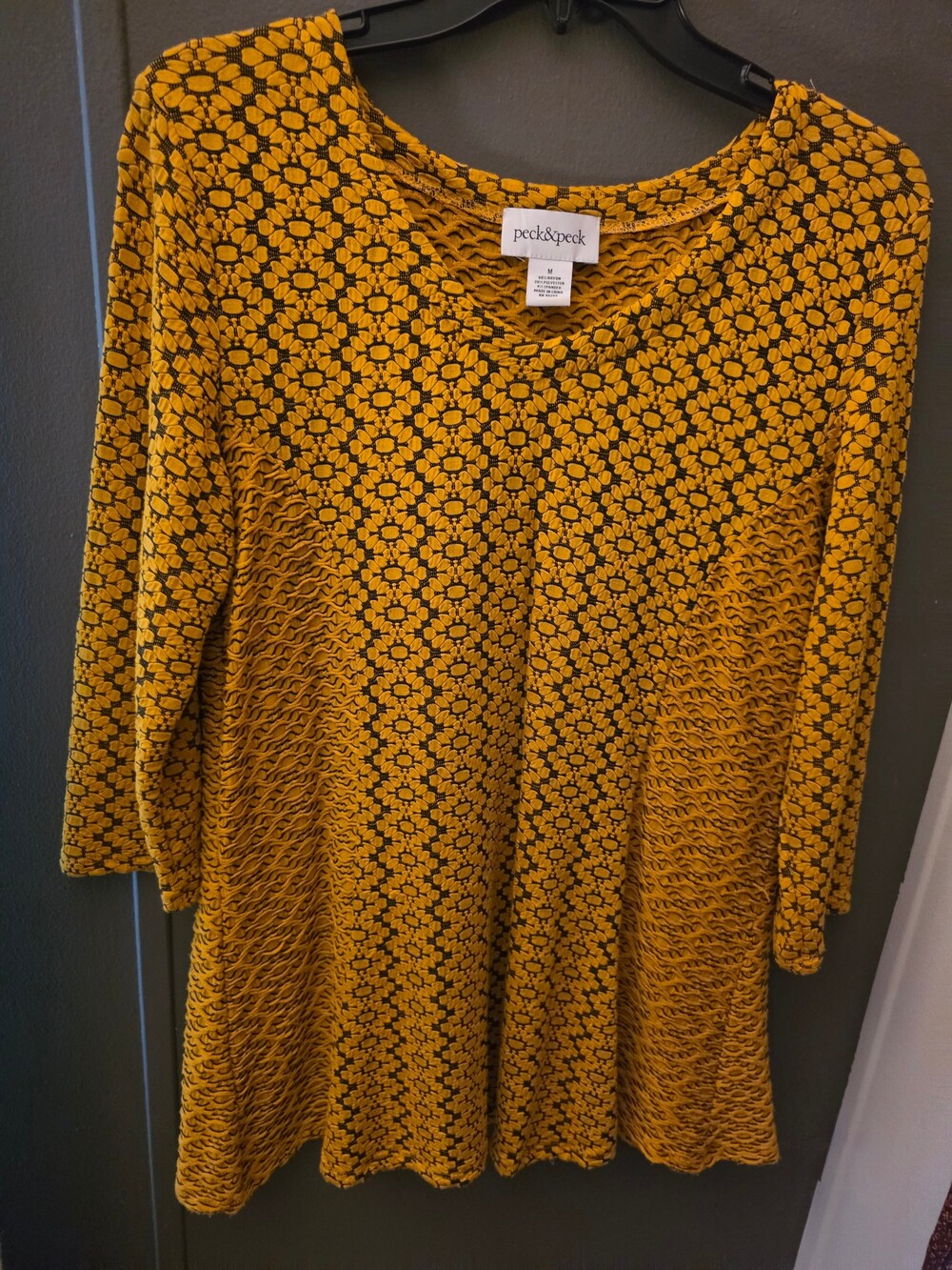 peck&peck Medium Long Sleeve Top Yellow Black Floral Rayon Polyester Spandex